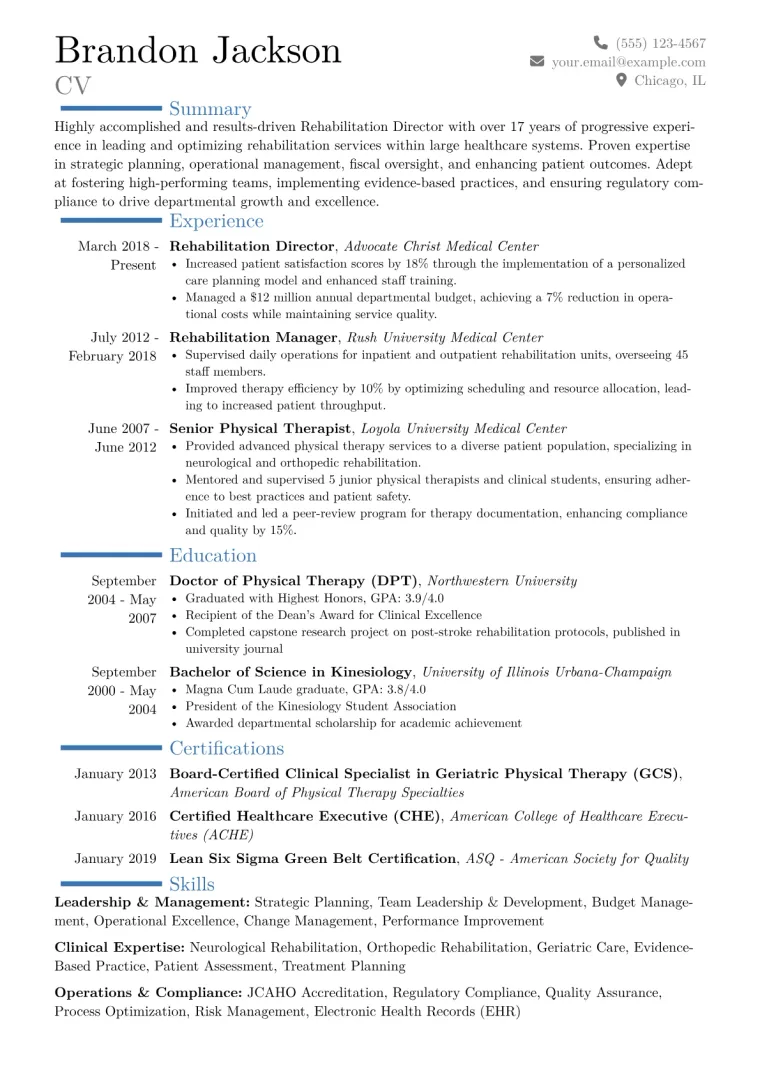 Rehabilitation Director Resume Example CV template preview