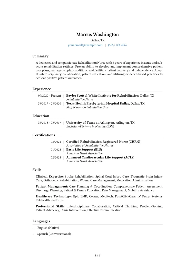 Rehabilitation Nurse Resume Example CV template preview