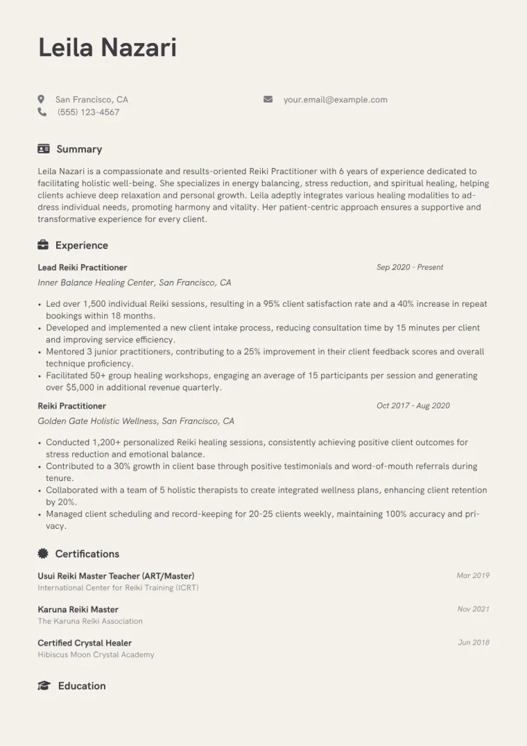 Reiki Practitioner Resume Example CV template preview