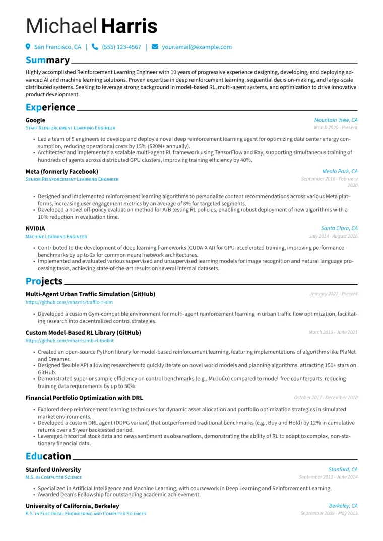 Reinforcement Learning Engineer Resume Example CV template preview