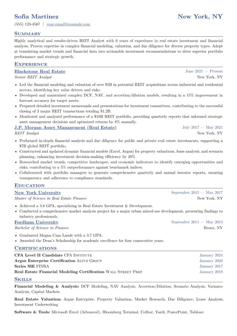 REIT Analyst Resume Example CV template preview