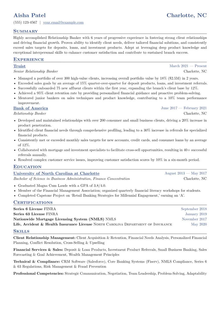 Relationship Banker Resume Example CV template preview