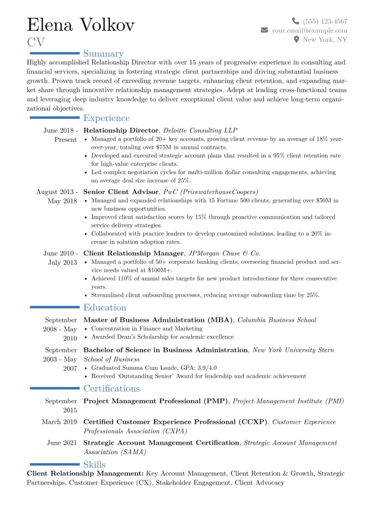 Relationship Director Resume Example CV template preview