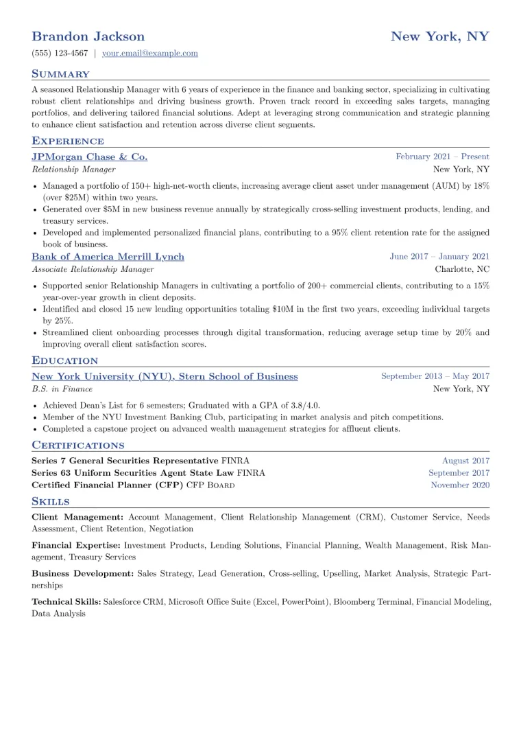 Relationship Manager Resume Example CV template preview