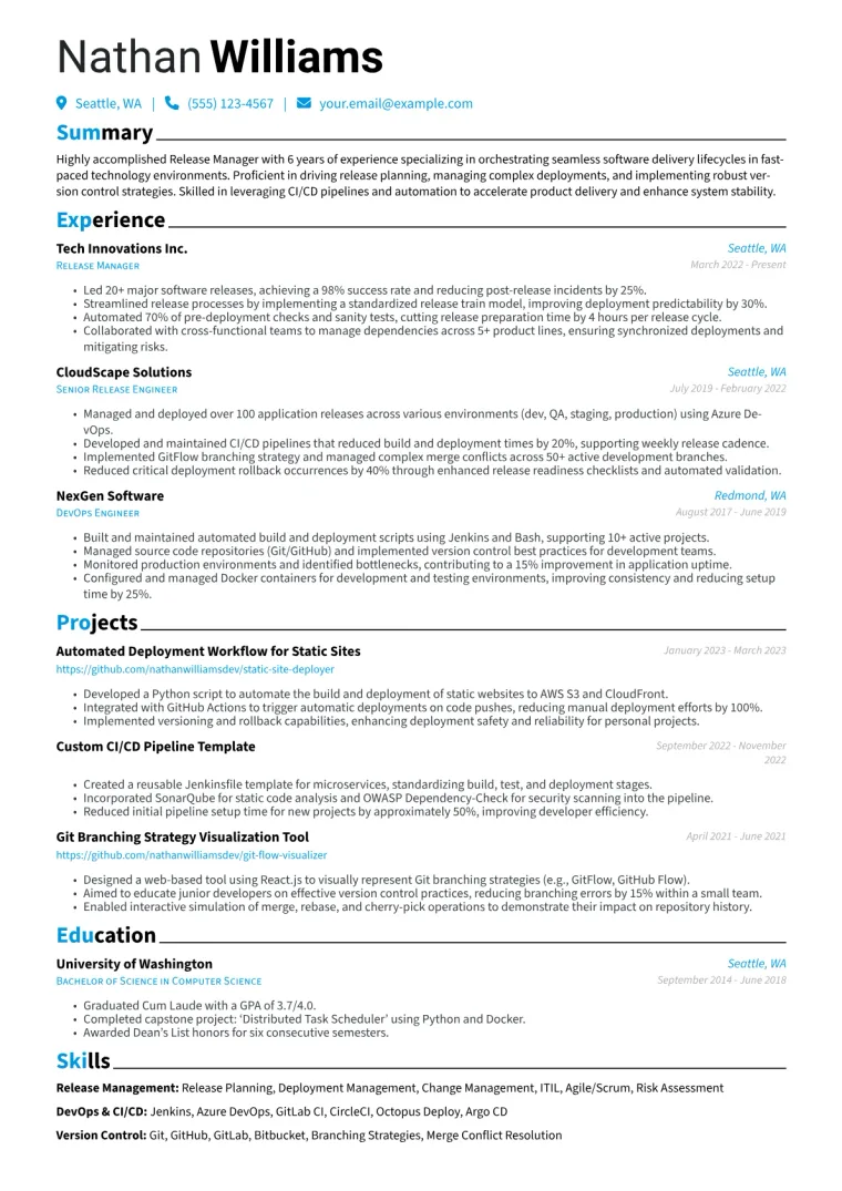 Release Manager Resume Example CV template preview