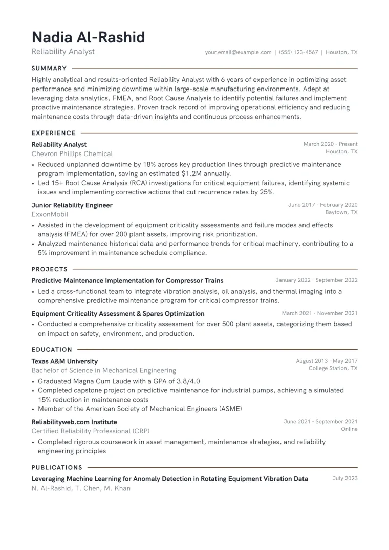 Reliability Analyst Resume Example CV template preview
