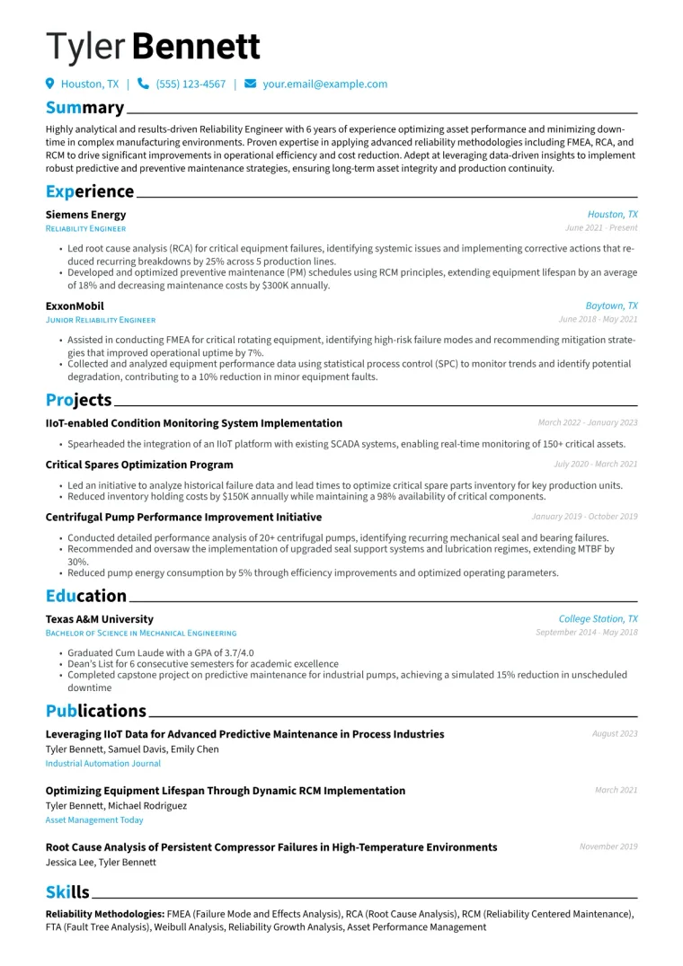 Reliability Engineer Resume Example CV template preview