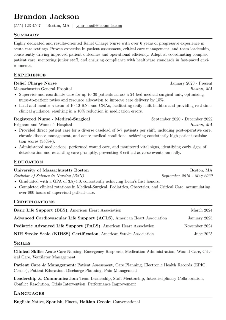 Relief Charge Nurse Resume Example CV template preview