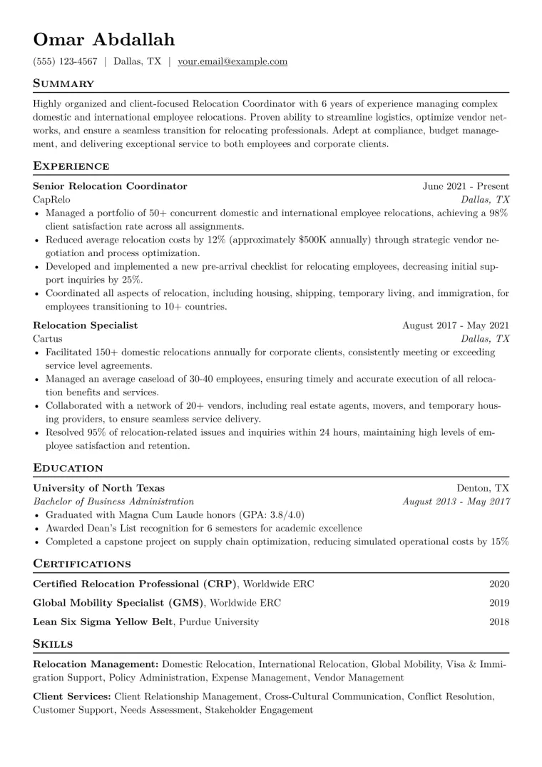 Relocation Coordinator Resume Example CV template preview