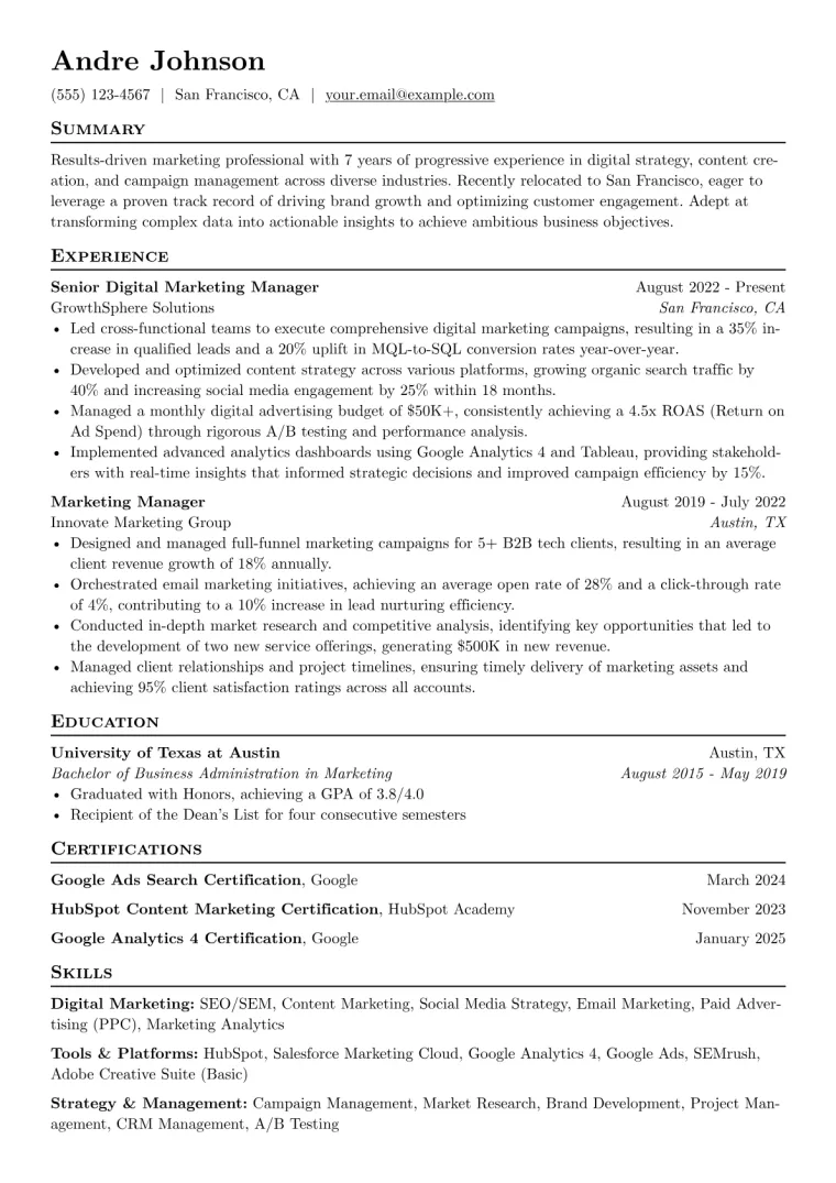 Relocation Resume Example CV template preview