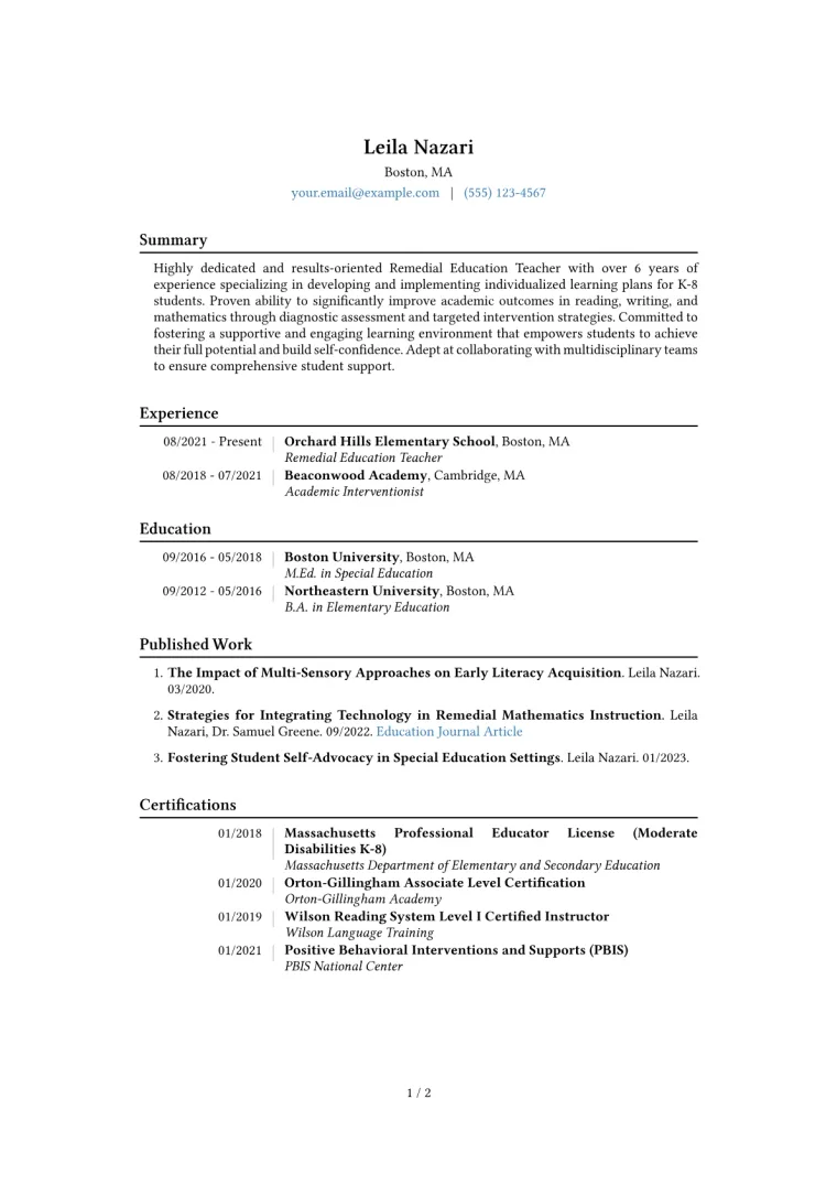 Remedial Education Teacher Resume Example CV template preview