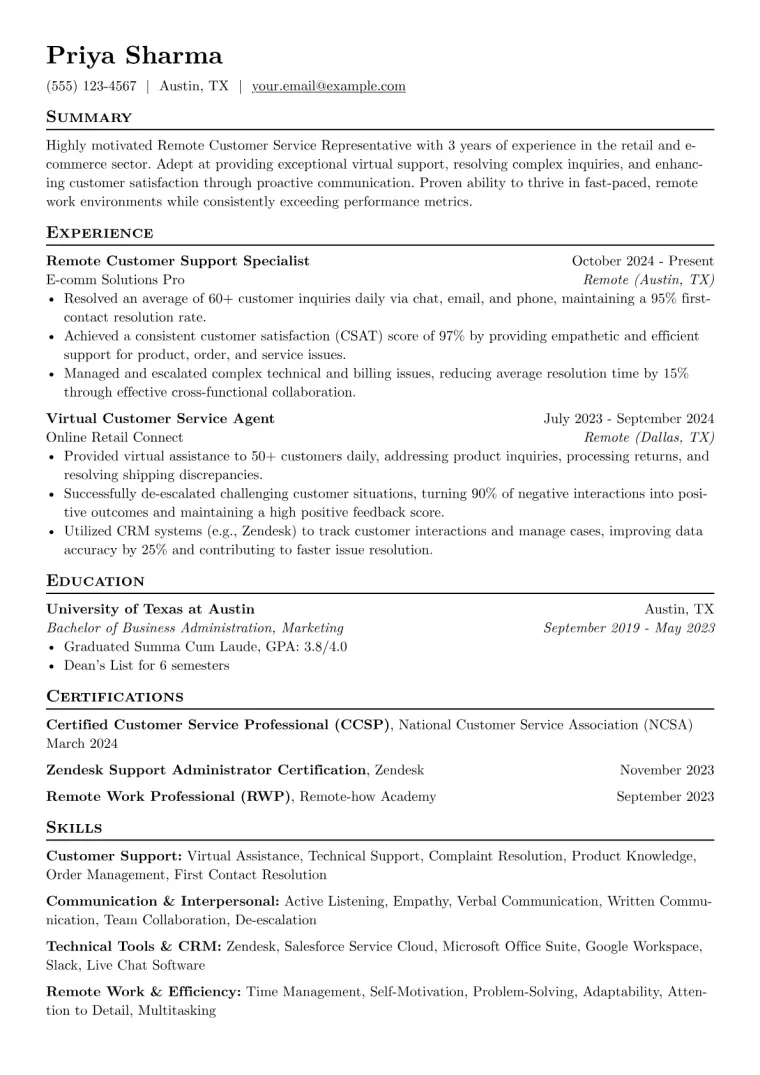 Remote Customer Service Representative Resume Example CV template preview