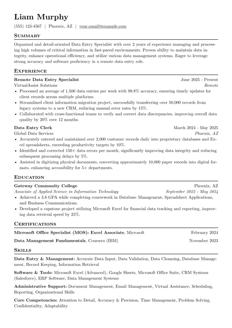 Remote Data Entry Clerk Resume Example preview