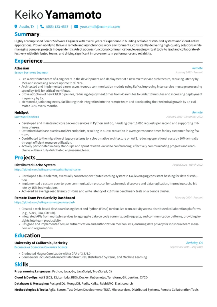 Remote Work Resume Example CV template preview