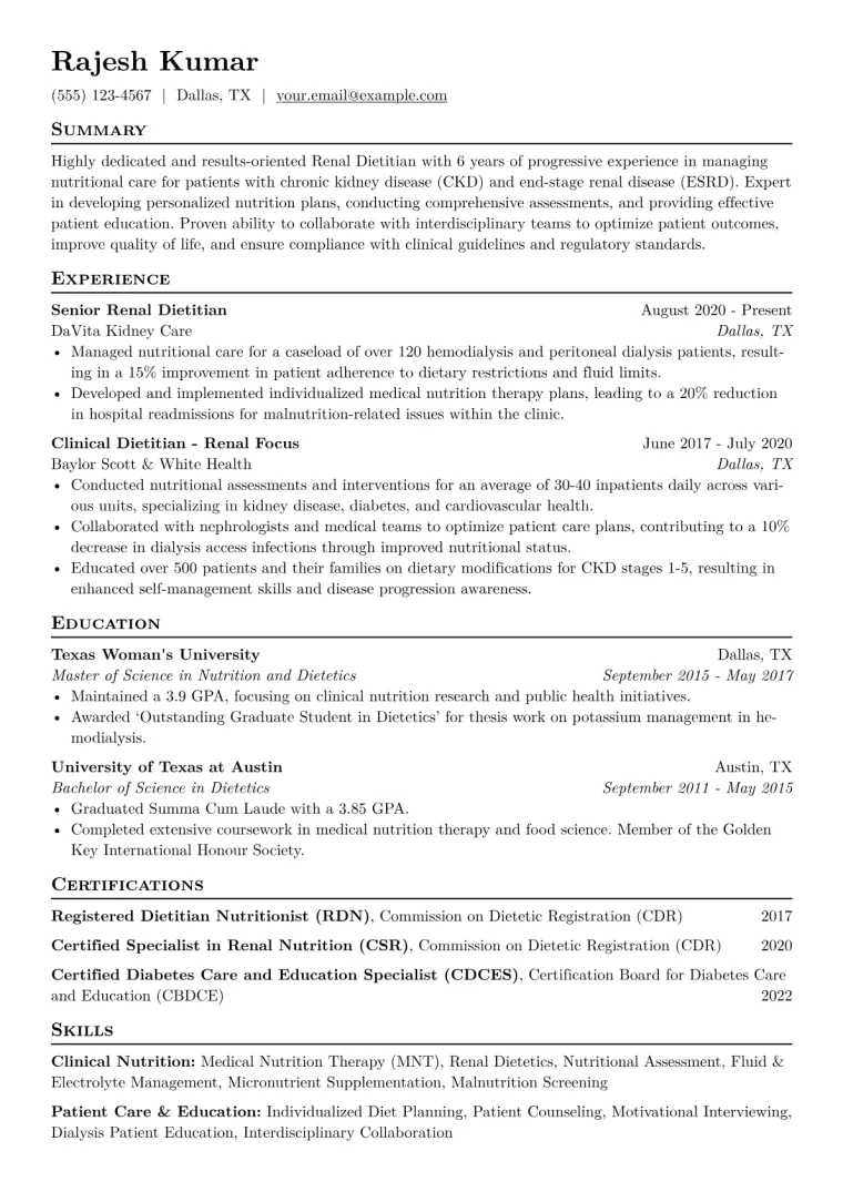 Renal Dietitian Resume Example CV template preview