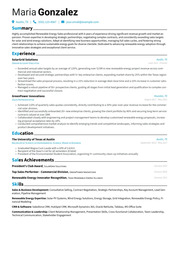 Renewable Energy Sales Resume Example CV template preview