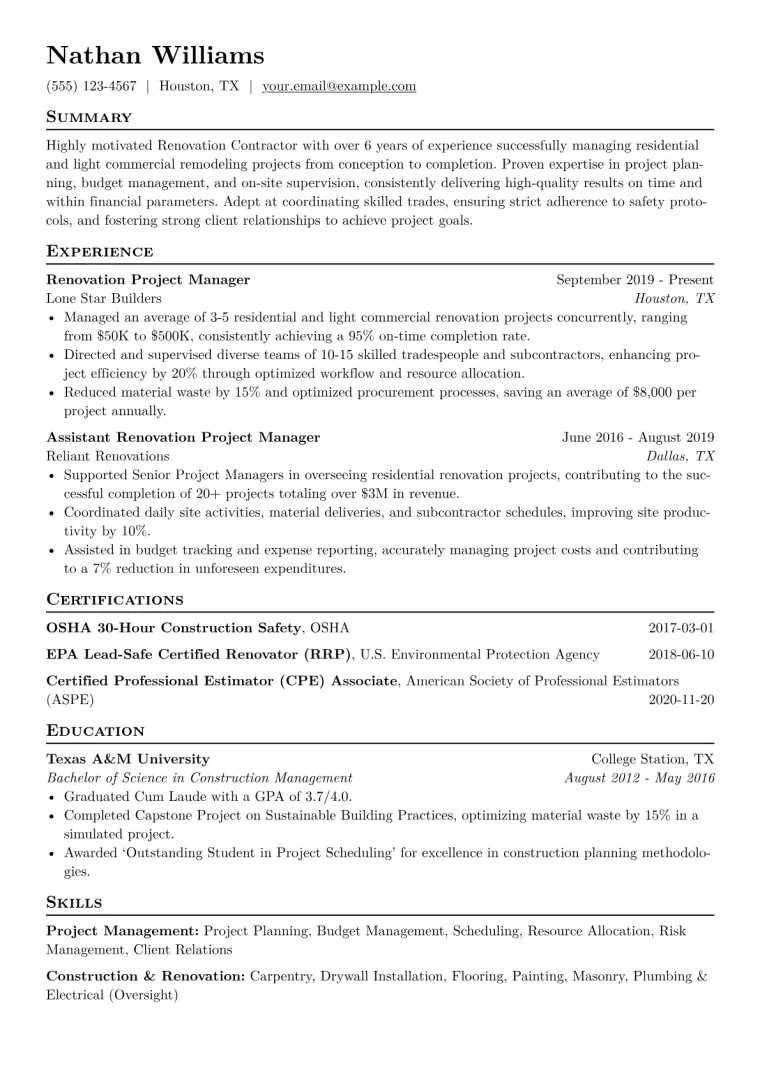 Renovation Contractor Resume Example CV template preview