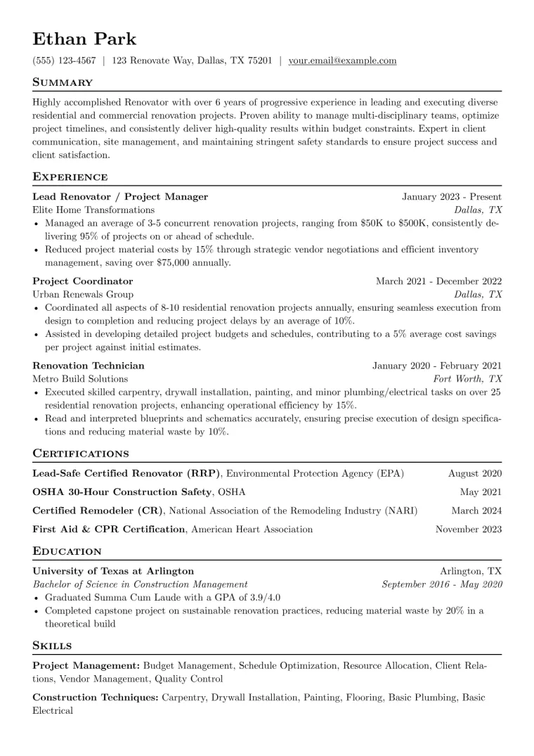 Renovator Resume Example CV template preview