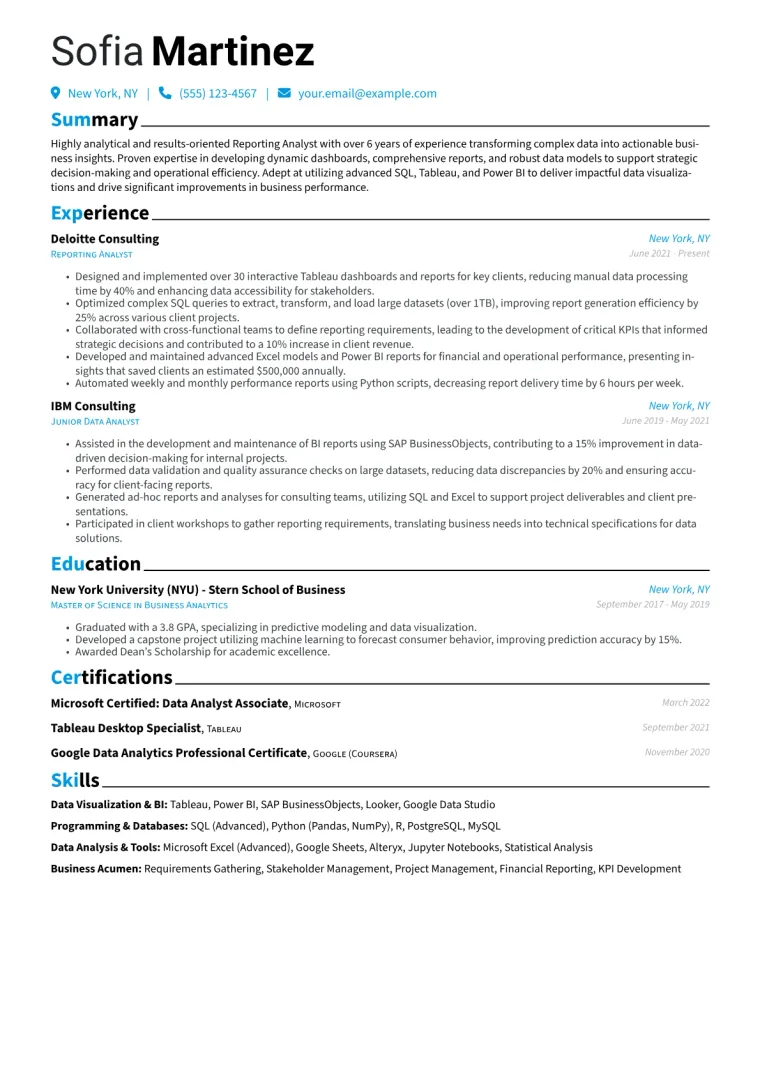 Reporting Analyst Resume Example CV template preview