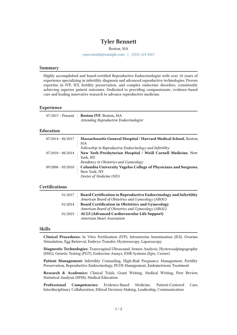 Reproductive Endocrinologist Resume Example CV template preview