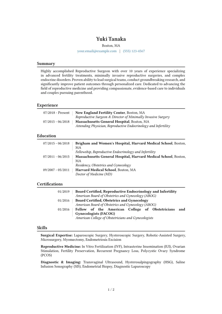 Reproductive Surgeon Resume Example CV template preview