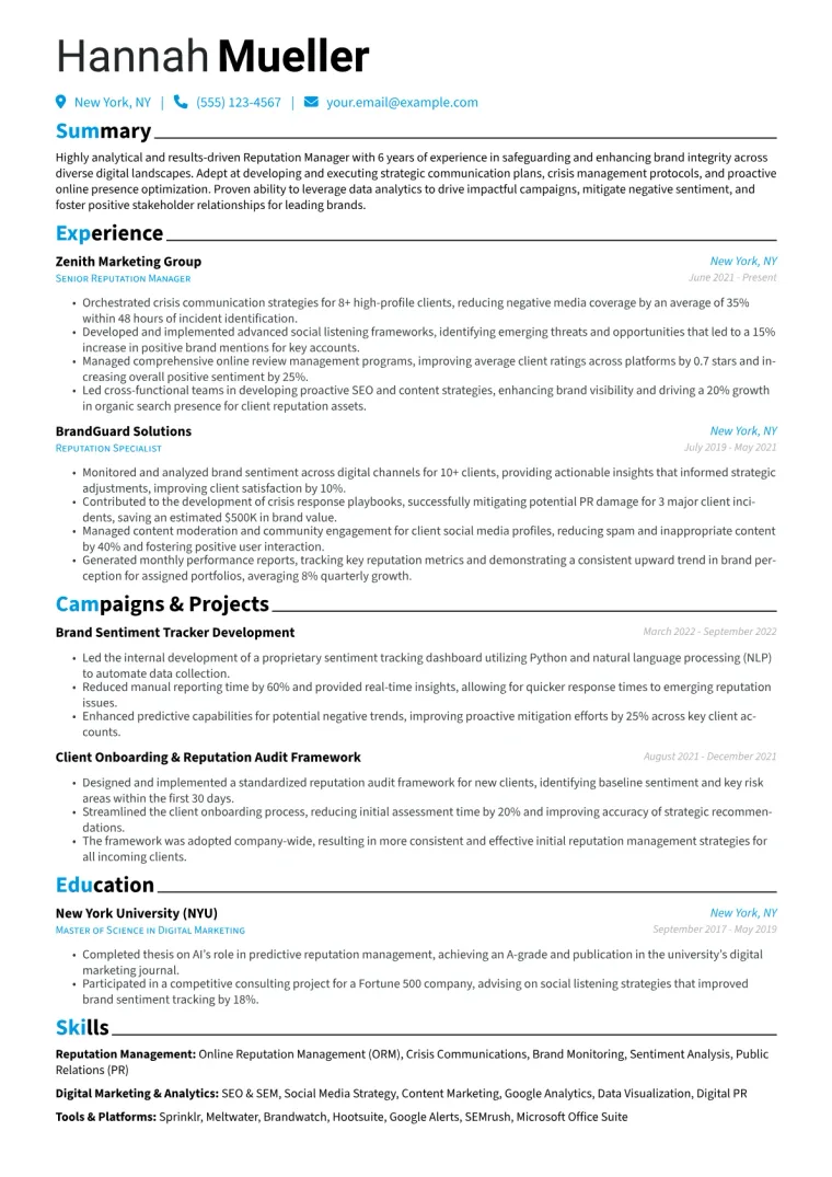 Reputation Manager Resume Example CV template preview
