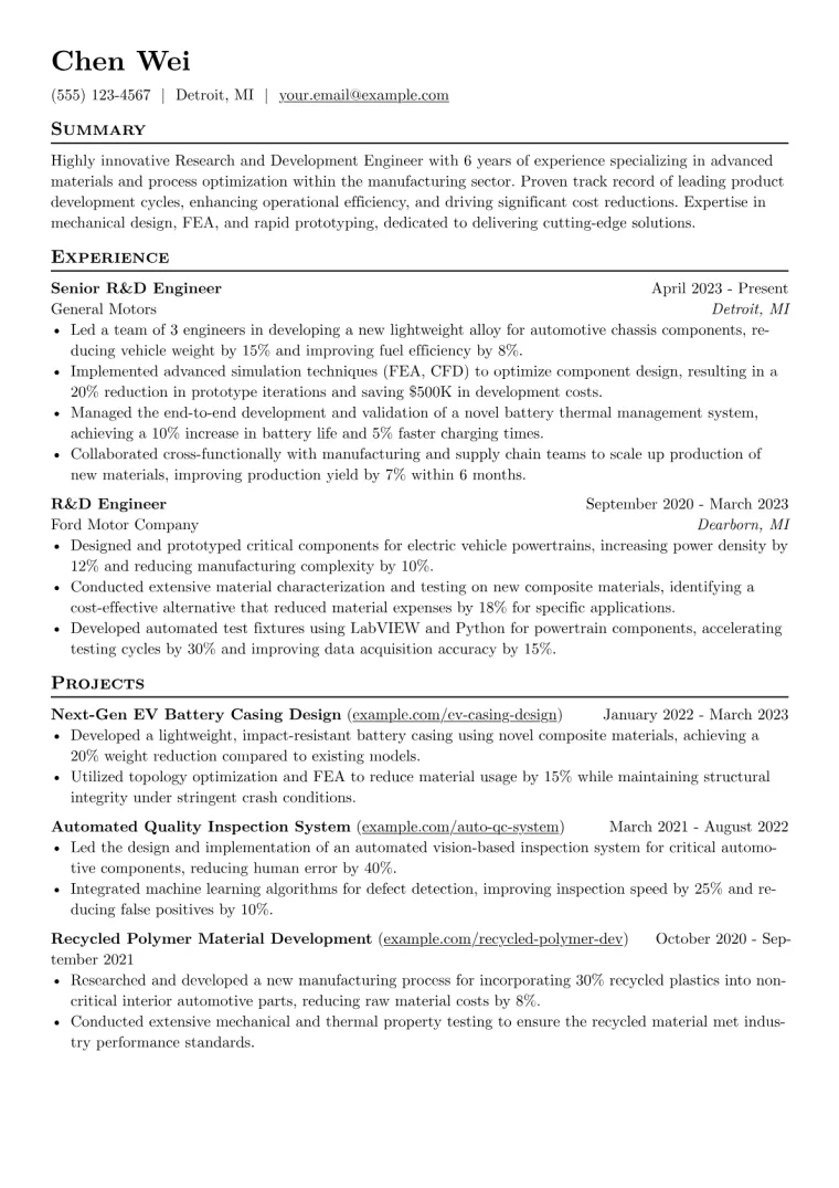 Research and Development Engineer Resume Example CV template preview