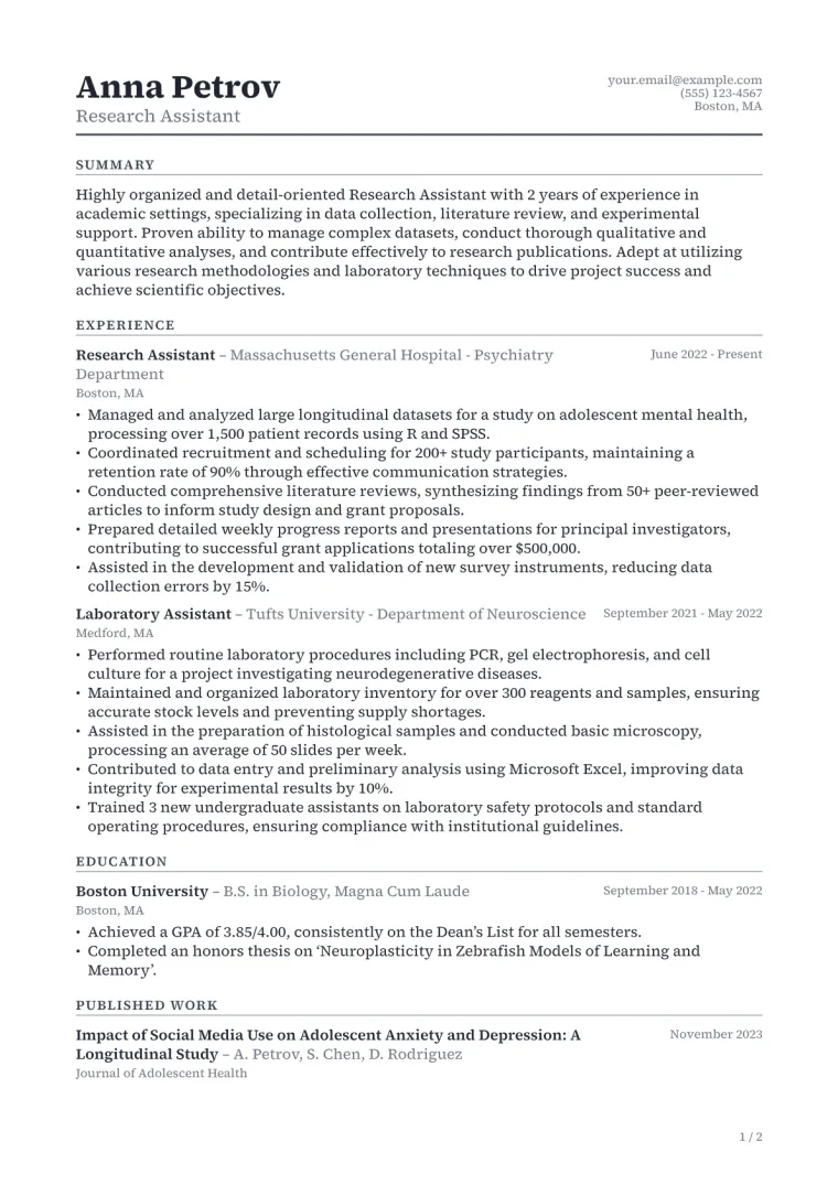 Research Assistant Resume Example CV template preview