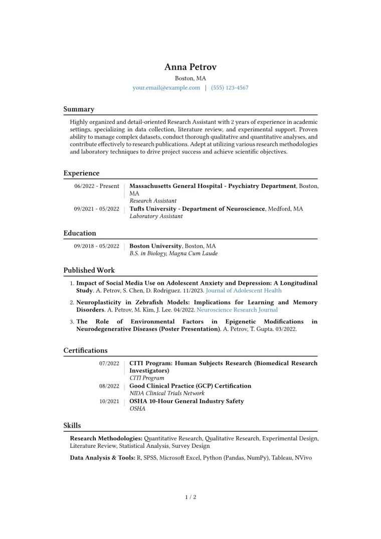 Research Assistant Resume Example CV template preview