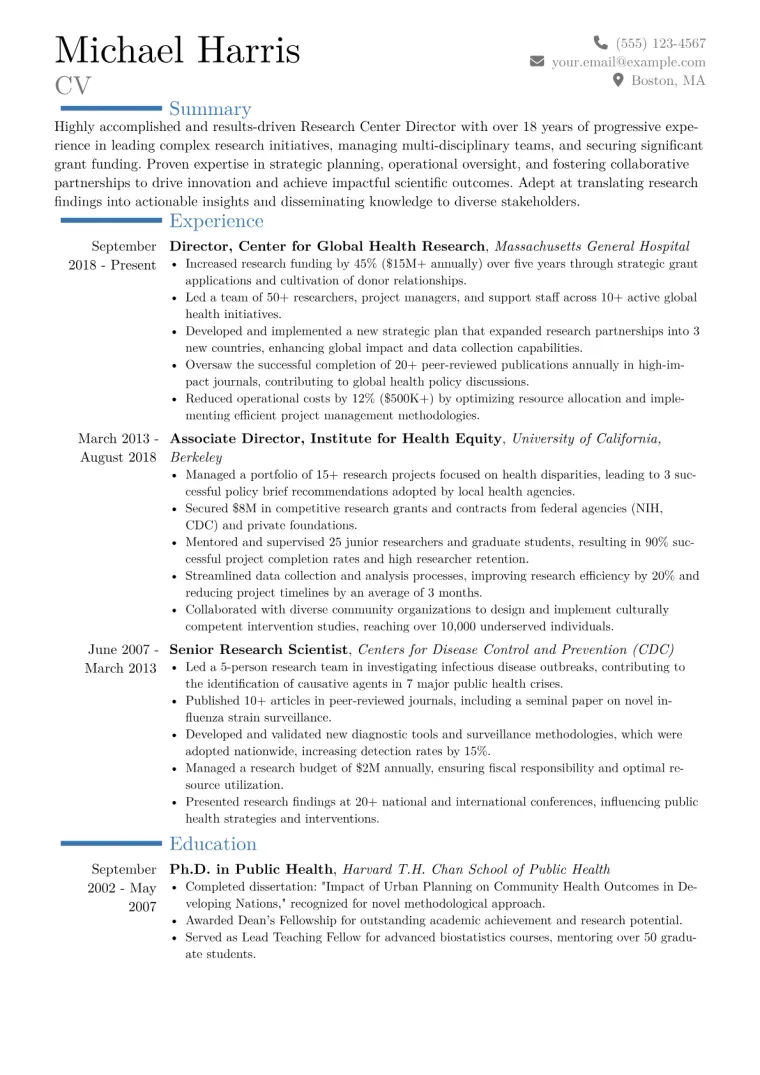 Research Center Director Resume Example CV template preview