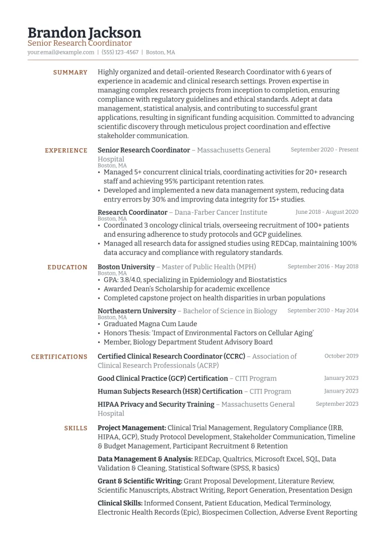 Research Coordinator Resume Example CV template preview