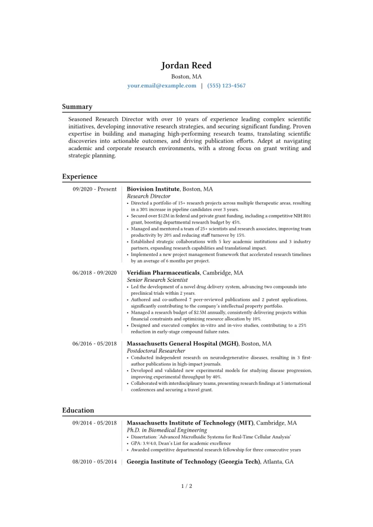 Research Director Resume Example CV template preview