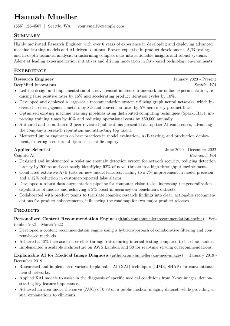 Research Engineer Resume Example CV template preview