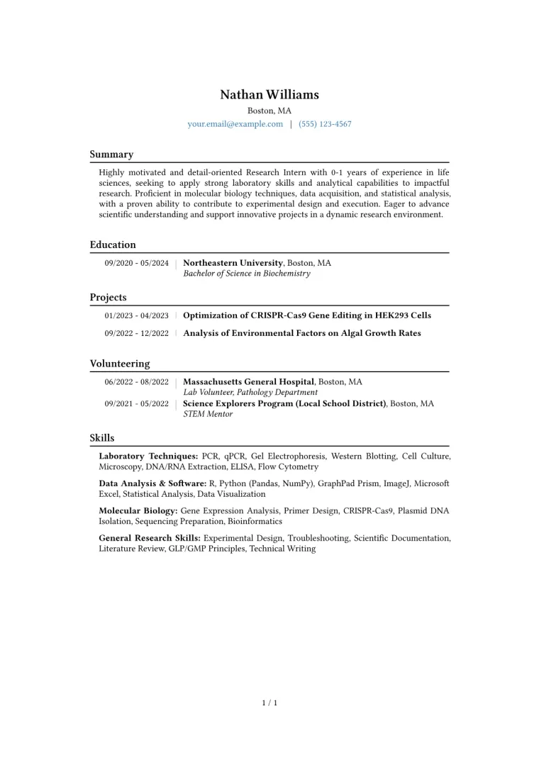 Research Intern Life Sciences Resume Example CV template preview