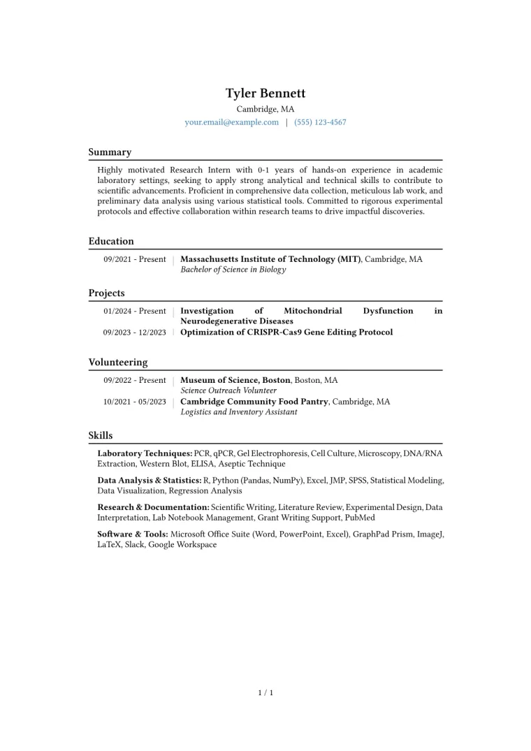 Research Intern Resume Example CV template preview