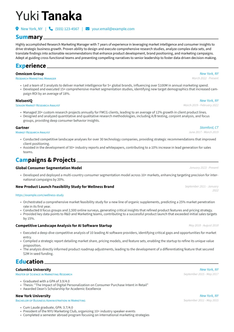 Research Marketing Manager Resume Example CV template preview