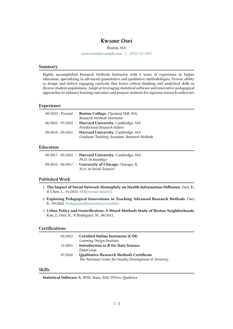 Research Methods Instructor Resume Example CV template preview