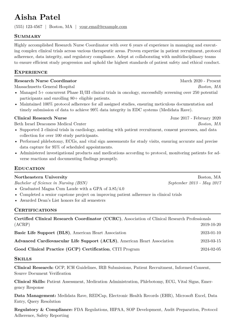 Research Nurse Coordinator Resume Example CV template preview