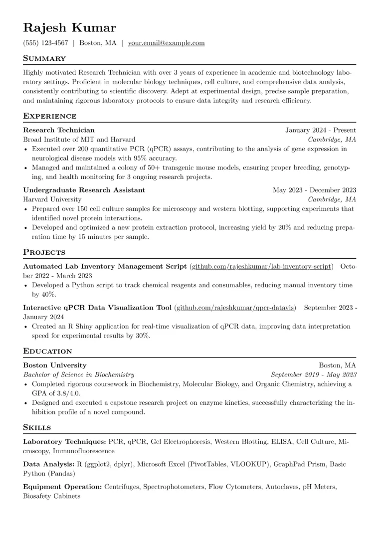 Research Technician Resume Example CV template preview