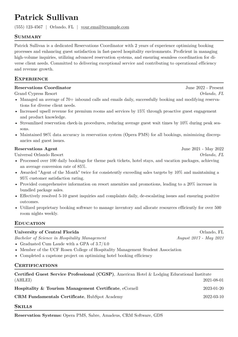 Reservations Coordinator Resume Example CV template preview