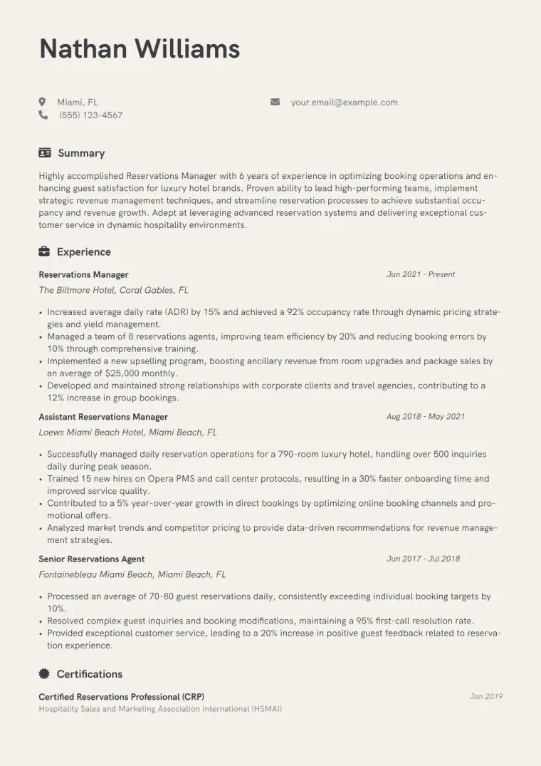 Reservations Manager Resume Example CV template preview