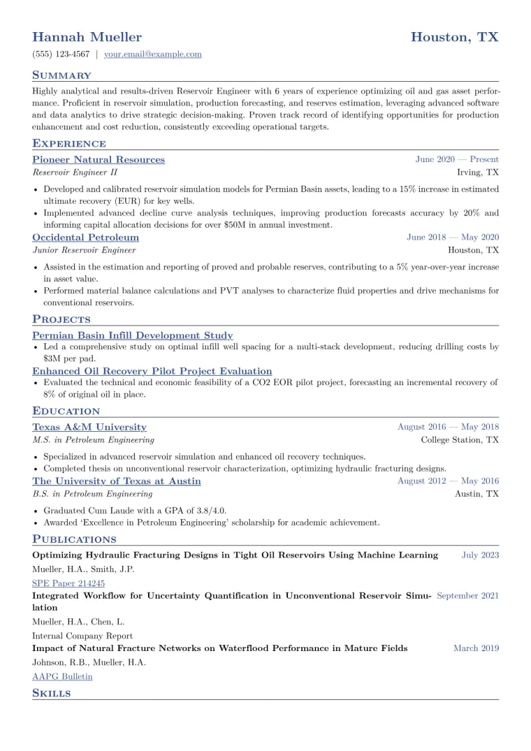 Reservoir Engineer Resume Example CV template preview