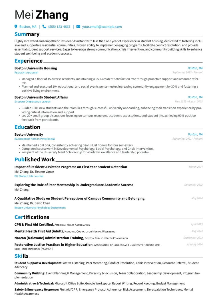 Resident Assistant Resume Example CV template preview