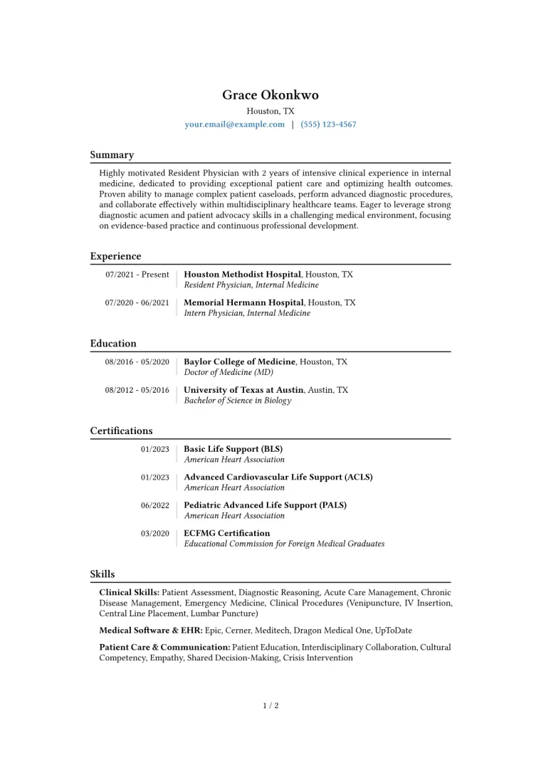 Resident Physician Resume Example CV template preview