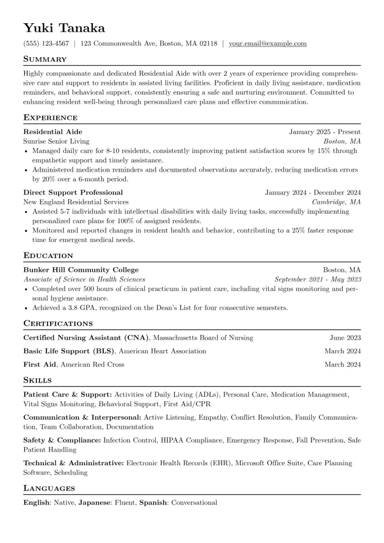 Residential Aide Resume Example CV template preview