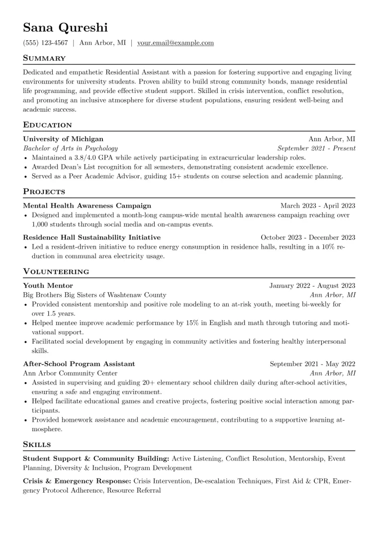Residential Assistant Resume Example CV template preview