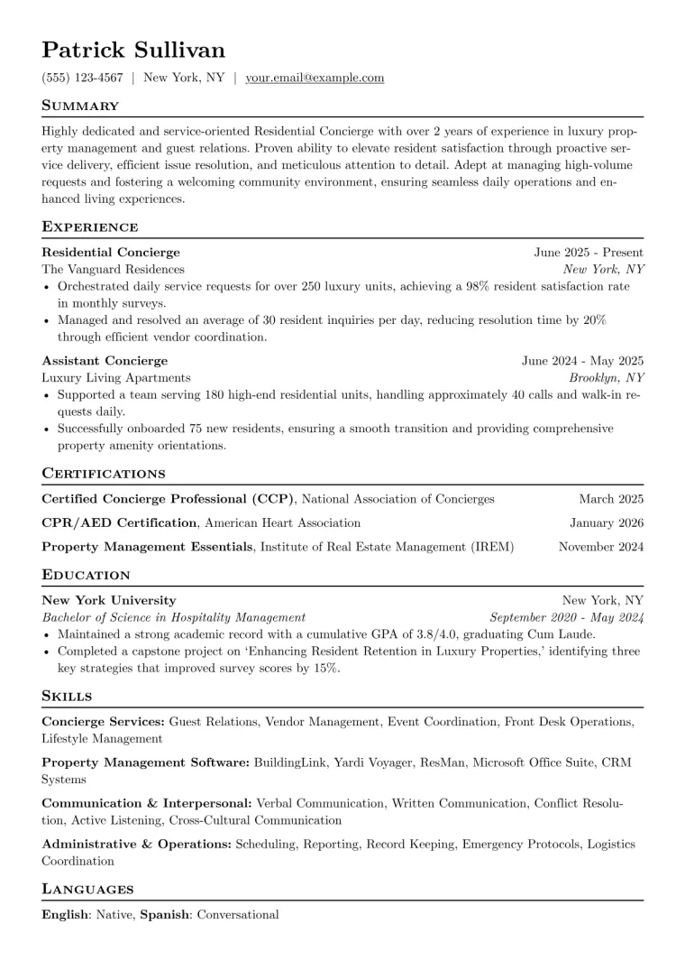 Residential Concierge Resume Example preview