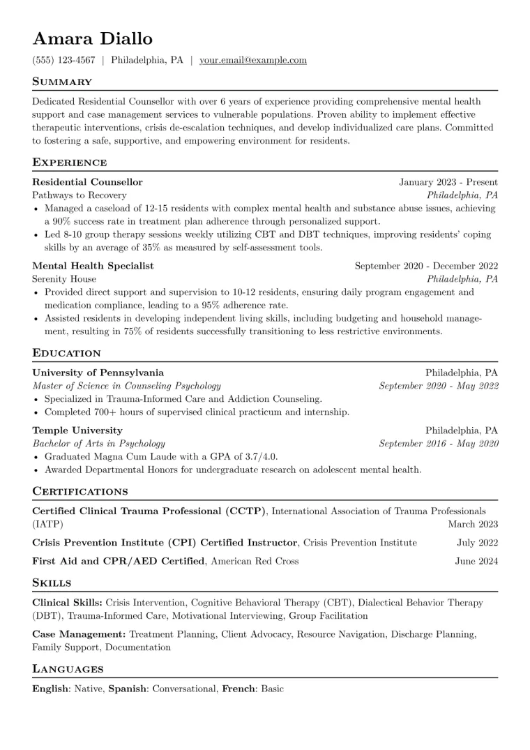 Residential Counsellor Resume Example preview