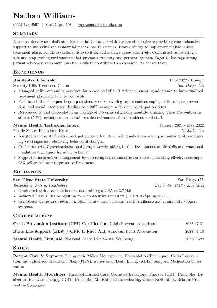 Residential Counselor Resume Example CV template preview
