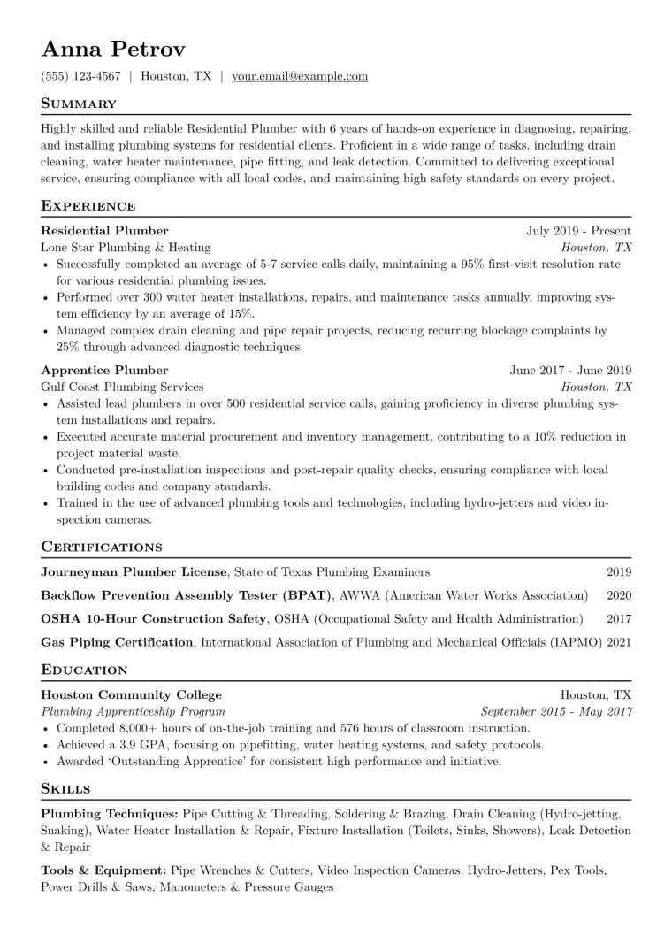 Residential Plumber Resume Example CV template preview